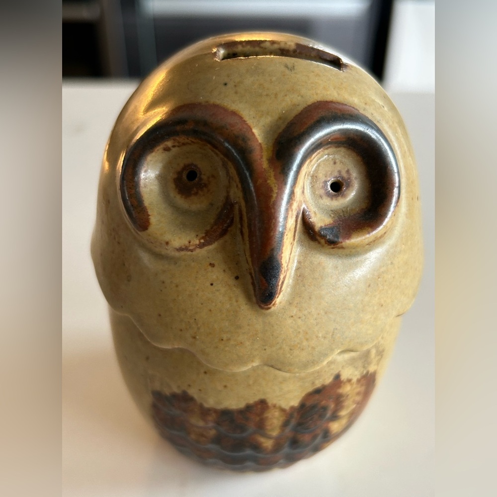 Vintage 1960s Ceramic Owl Coin Bank - Brown and Tan